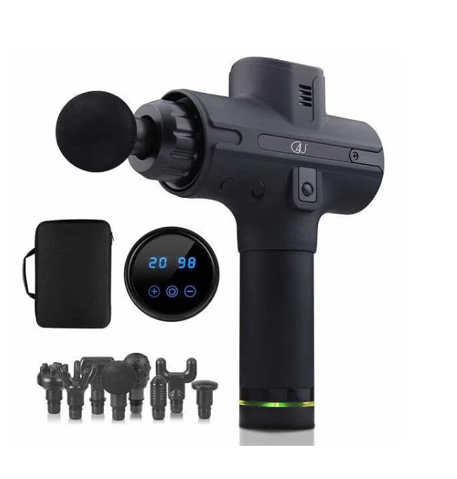 Massagepistol med LCD-pekskärm, 20 lägen och 8 tillbehör