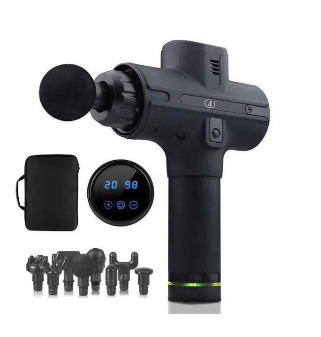 Massage gun with LCD touch screen, 20 modes, and 8 attachments