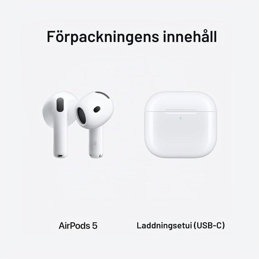 Förpackningens innehåll: AirPods 5 och laddningsetui (USB-C)