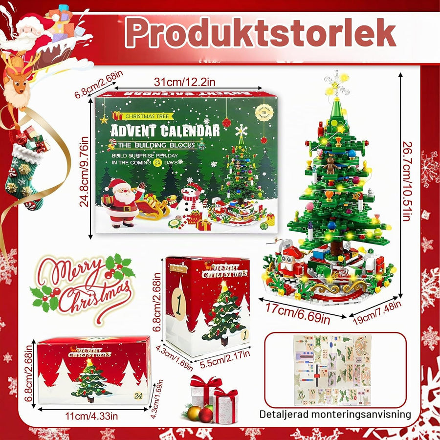 Adventskalender julgran byggklossar – 701 bitar med tomte och renar