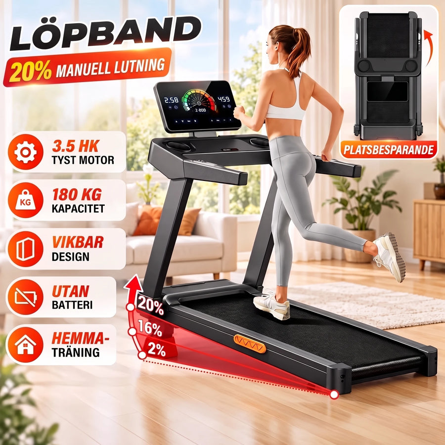 Hopfällbart löpband med 20 % lutning, 3,5 HK motor och max 180 kg