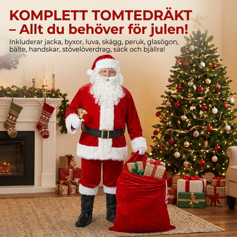Tomtedräkt 11 delar komplett set – jultomte-kostym för vuxna (Santa Suit)