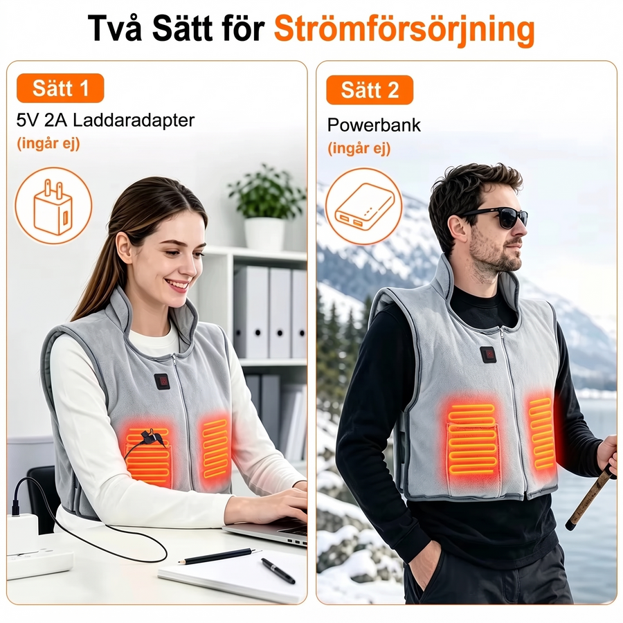 Två sätt att driva västen: USB-adapter 5V 2A eller powerbank (ingår ej)