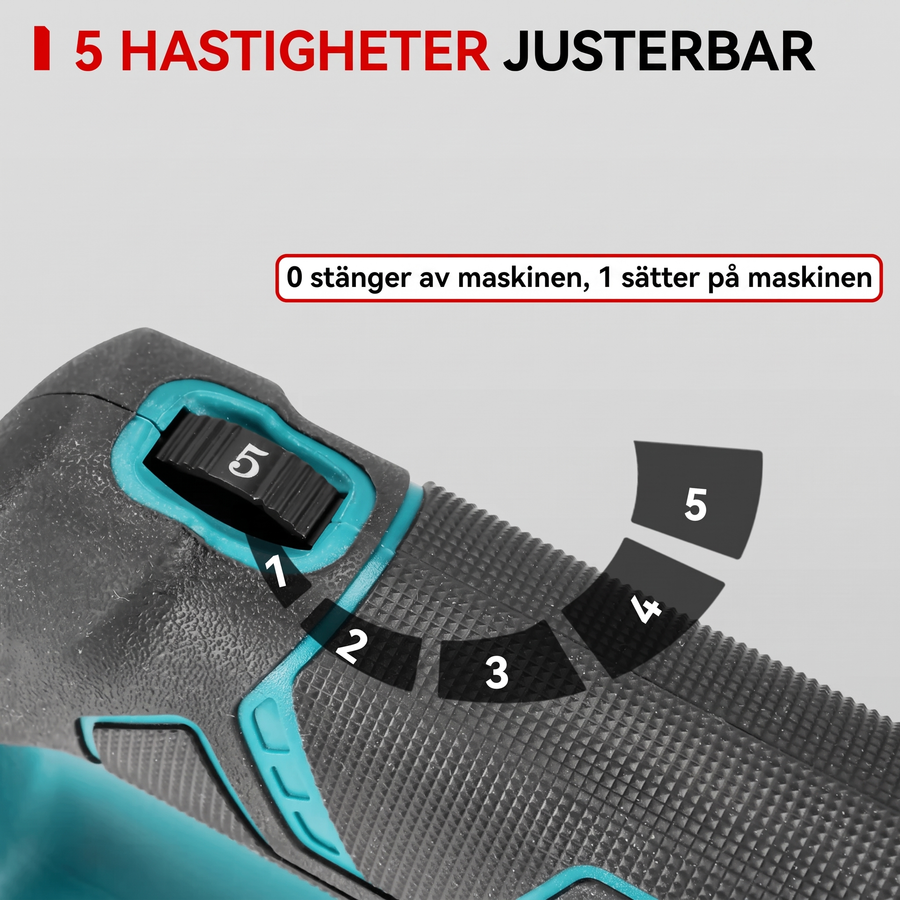 Fem hastighetslägen med ratt – 0 stänger av