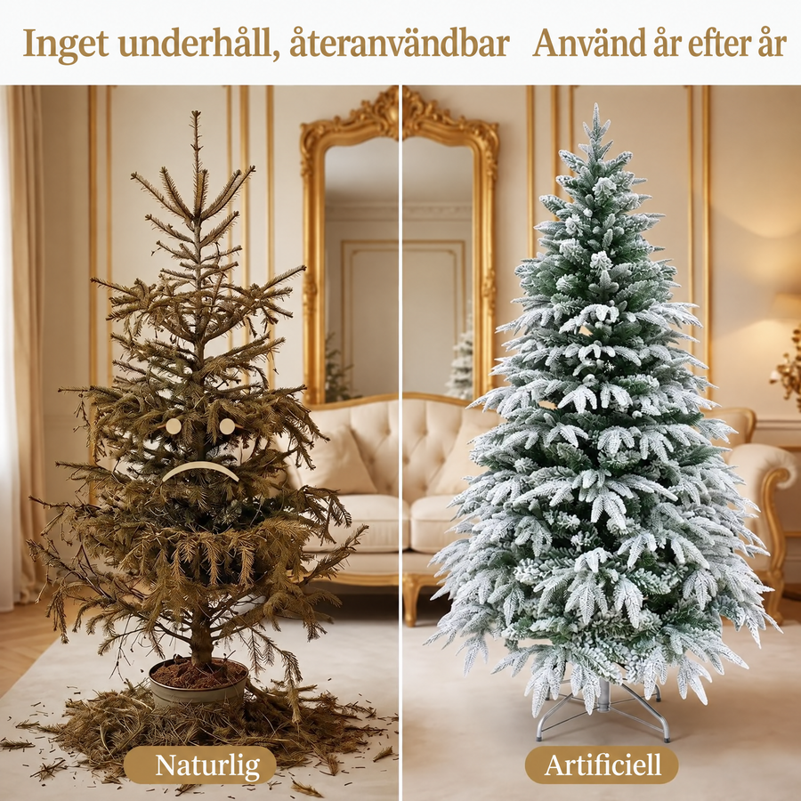 Snöpudrad konstgjord julgran med metallfot
