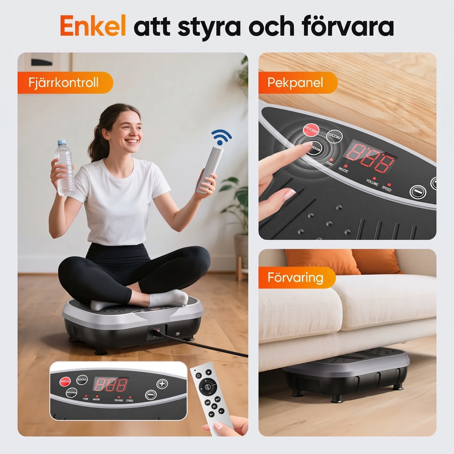Fjärrkontroll, pekpanel och förvaring under soffan