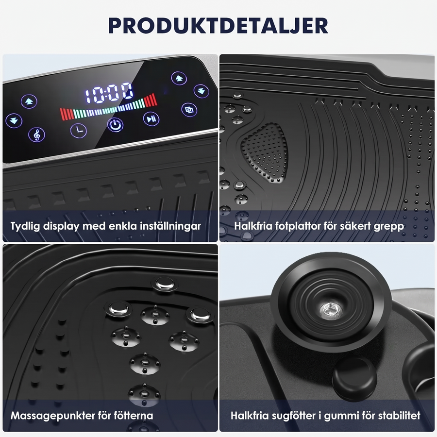 Produktdetaljer: display, fotplattor, massagepunkter och sugfötter