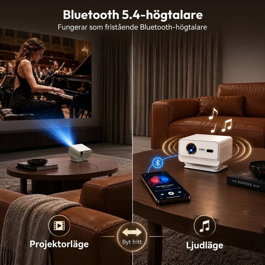 Smart projektor Full HD 1080p med 4K-stöd, 700 ANSI, Netflix och 90° vridbart stativ