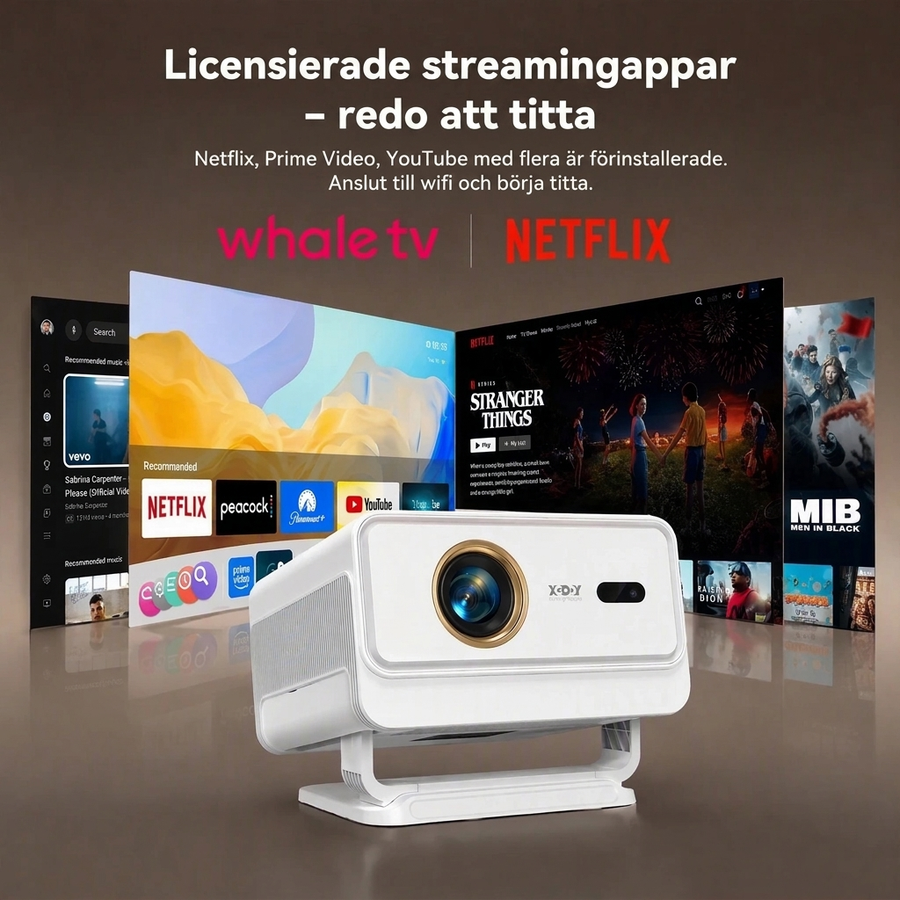 Smart projektor Full HD 1080p med 4K-stöd, 700 ANSI, Netflix och 90° vridbart stativ