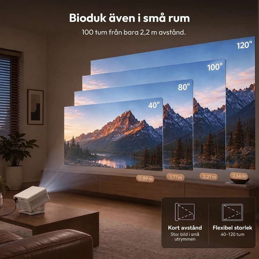 Smart projektor Full HD 1080p med 4K-stöd, 700 ANSI, Netflix och 90° vridbart stativ
