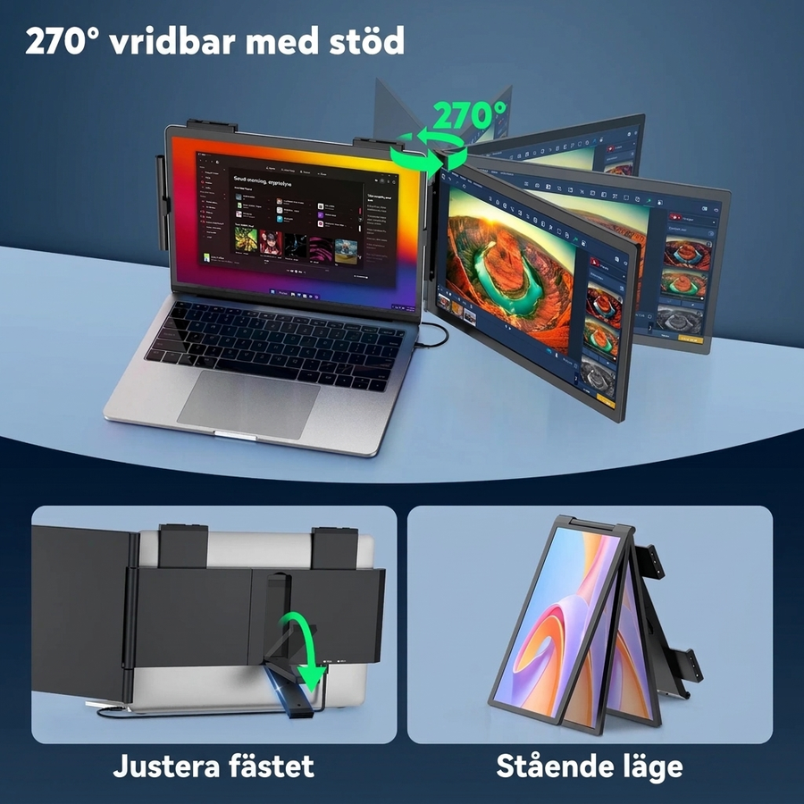 Bärbar skärm 14 tum för laptop – Full HD IPS, fäller ut från datorn, USB-C och mini-HDMI