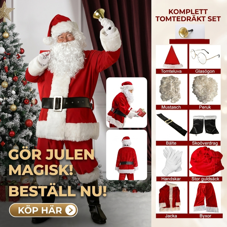Tomtedräkt 11 delar komplett set – jultomte-kostym för vuxna