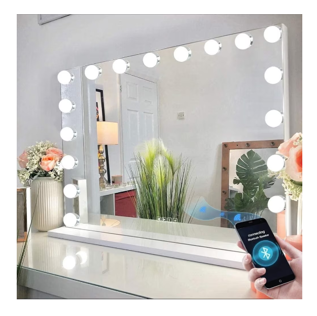 Bluetooth Hollywood-spegel med belysning, 15 dimmer LED-lampor, sminkspegel