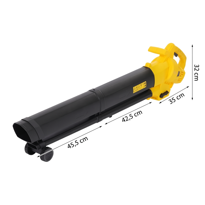 Mått: motordel 32 × 35 cm, blåsrör 42,5 cm och 45,5 cm