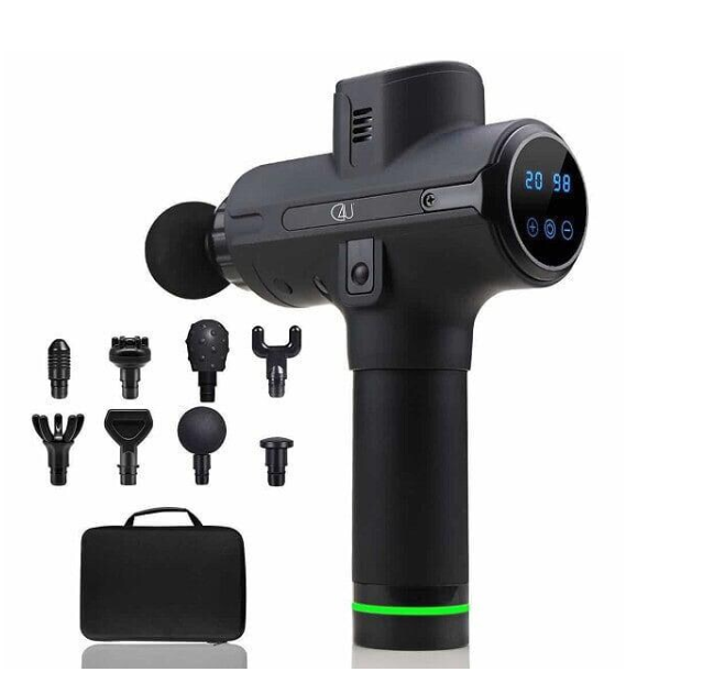 Massage gun with LCD touch screen, 20 modes, and 8 attachments