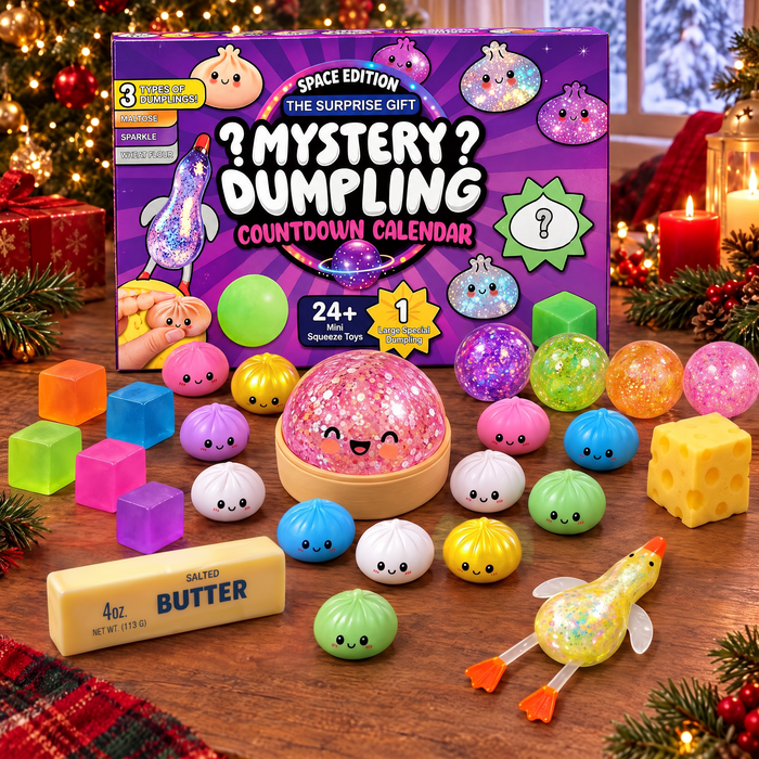 Squishy adventskalender Mystery Dumpling 24+1 med alla 25 squishies framför kartongen