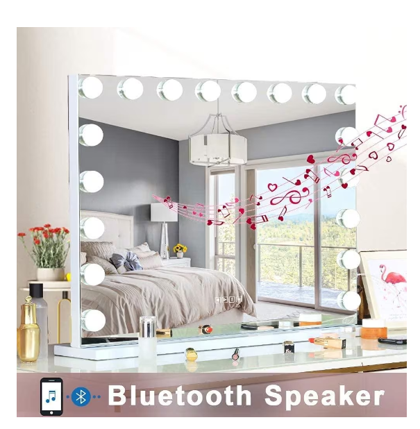 Bluetooth Hollywood-spegel med belysning, 15 dimmer LED-lampor, sminkspegel