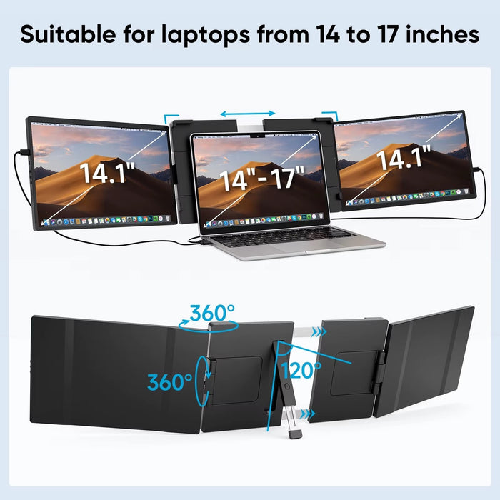 Tri-Screen 14.1" Laptop Screen Extender Triple Dual 1200P IPS Portable Monitor for Ps5 Pro, Windows PC, MacBook, Chrome Laptop 13.3–17.3