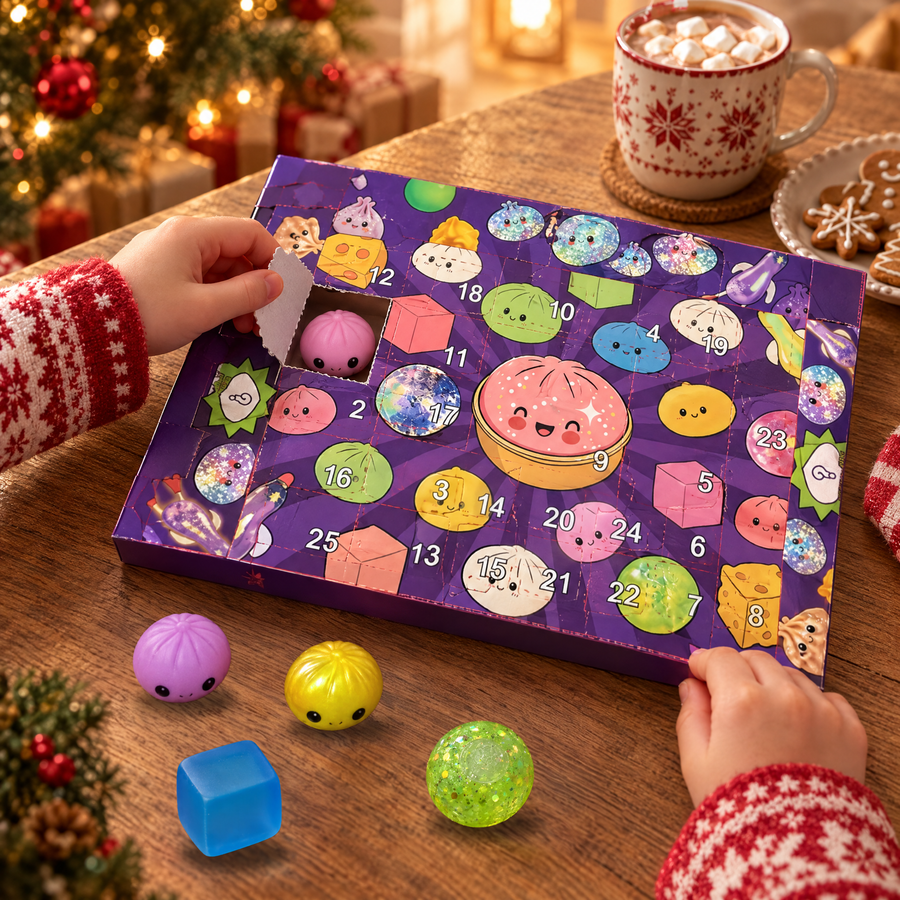 Barn öppnar en lucka i squishy-adventskalendern