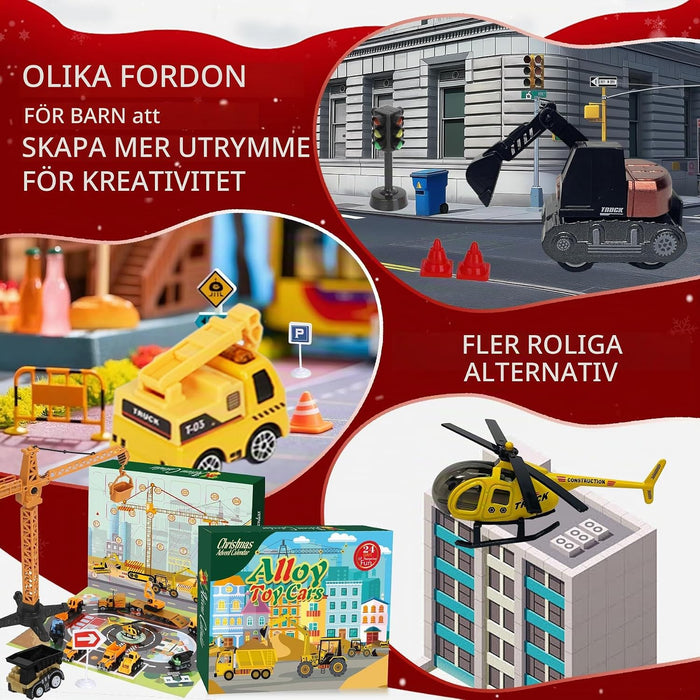 Adventskalender byggfordon 2026 – leksaksfordon i metall och lekmatta