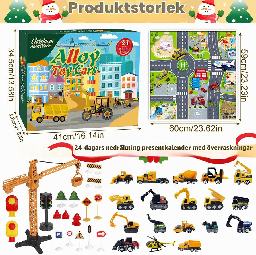 Adventskalender byggfordon 2026 – leksaksfordon i metall och lekmatta