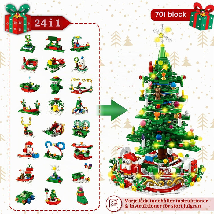 Adventskalender julgran byggklossar – 701 bitar med tomte och renar
