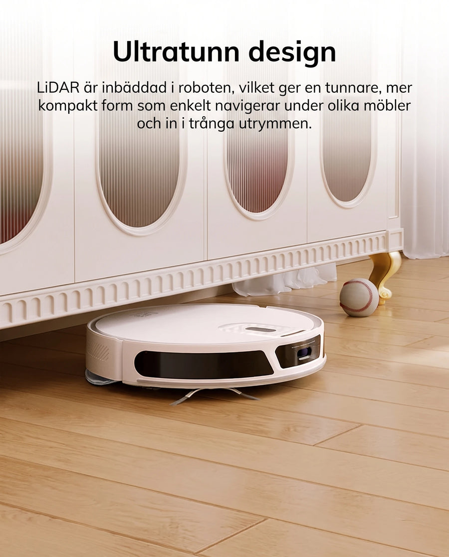 Låg robotdammsugare som kör in under möbler