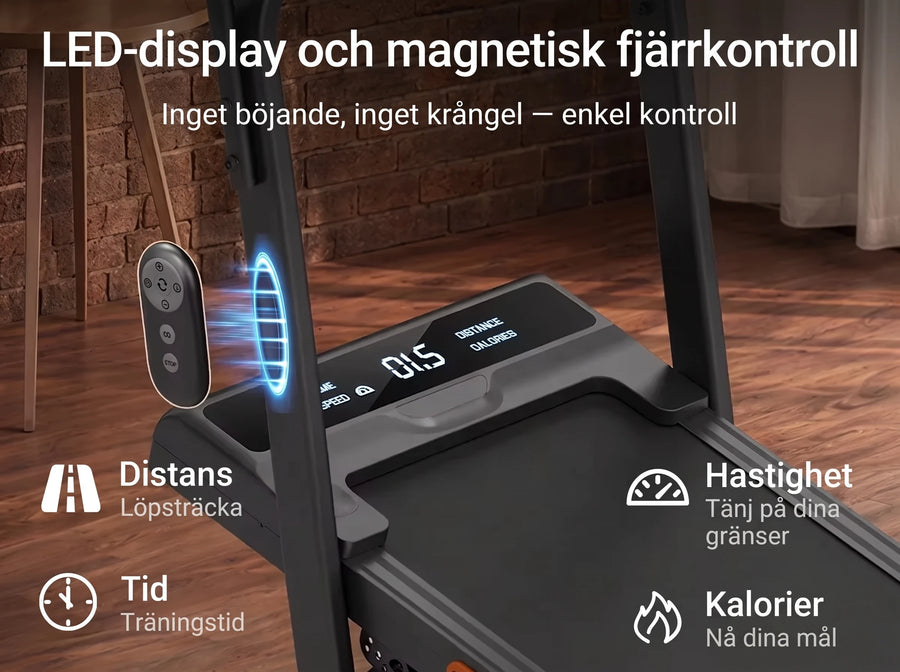 LED-display och magnetisk fjärrkontroll: distans, tid, hastighet och kalorier