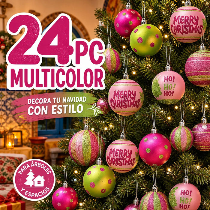 Julgranskulor i trä 24-pack 8 cm rosa och grön