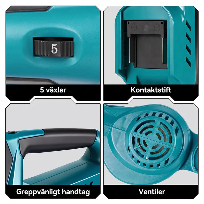 Detaljer: hastighetsratt, batterifäste, halkfritt handtag och ventiler