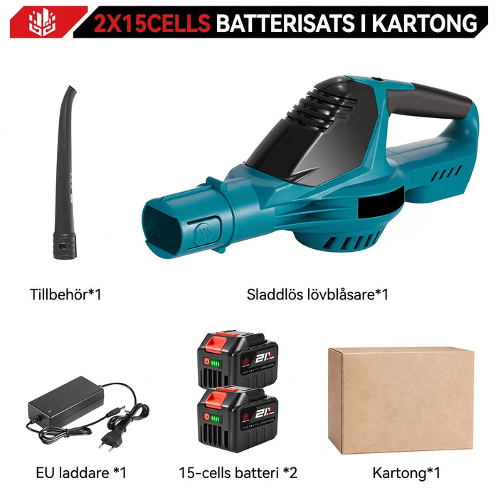 Förpackningens innehåll: lövblåsare, munstycke, två 15-cellsbatterier och laddare