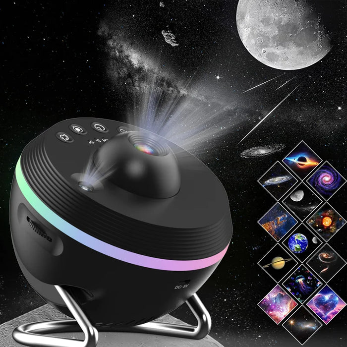 Svart galaxprojektor som visar planeter och stjärnhimmel