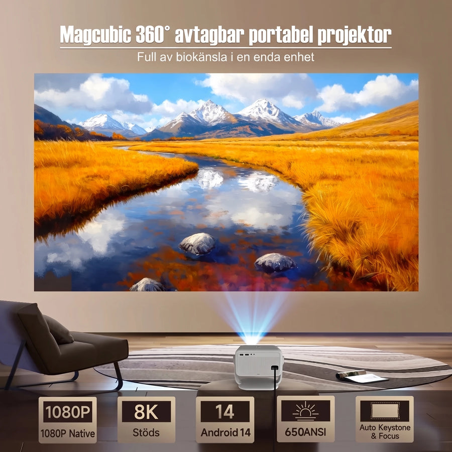 Projektor på 360° stativ som visar landskap på väggen