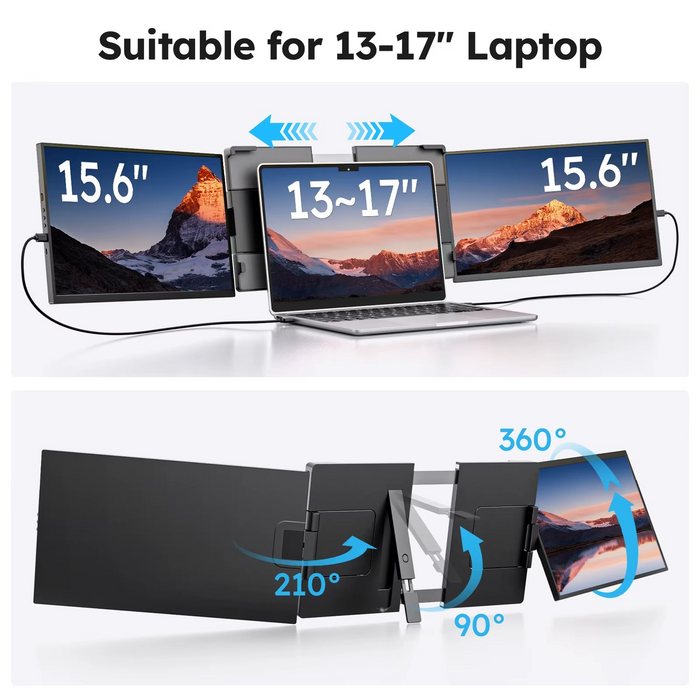 Tri-Screen 15.6" Laptop Screen Extender Triple Dual 1200P IPS Portable Monitor for Ps5 Pro, Windows PC, MacBook, Chrome Laptop 13.3–17.3