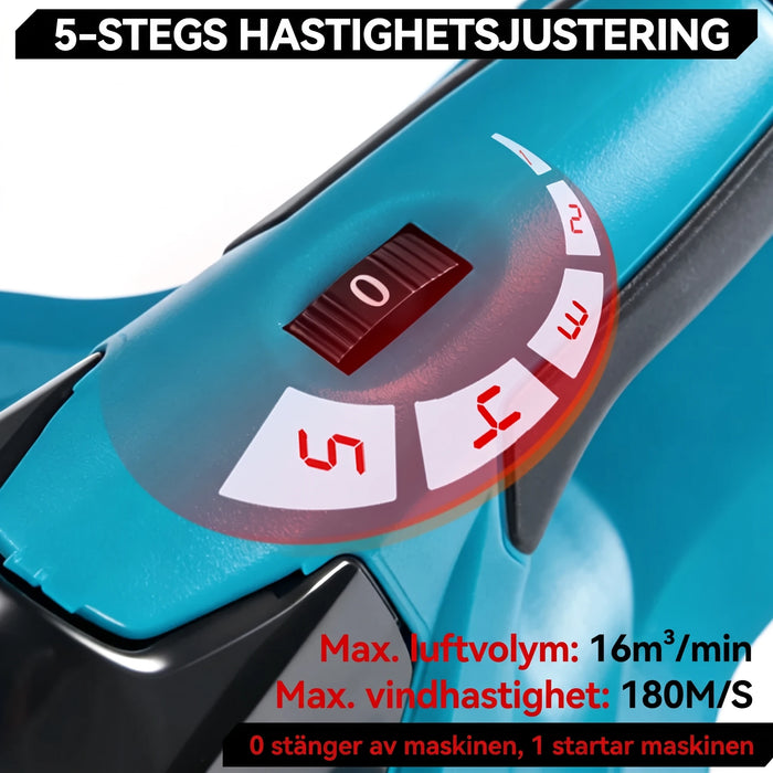 Fem hastighetslägen med ratt ovanpå blåsaren
