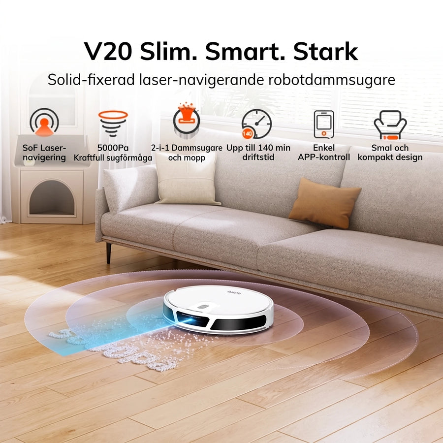 Robotdammsugare V20 med översikt över funktioner