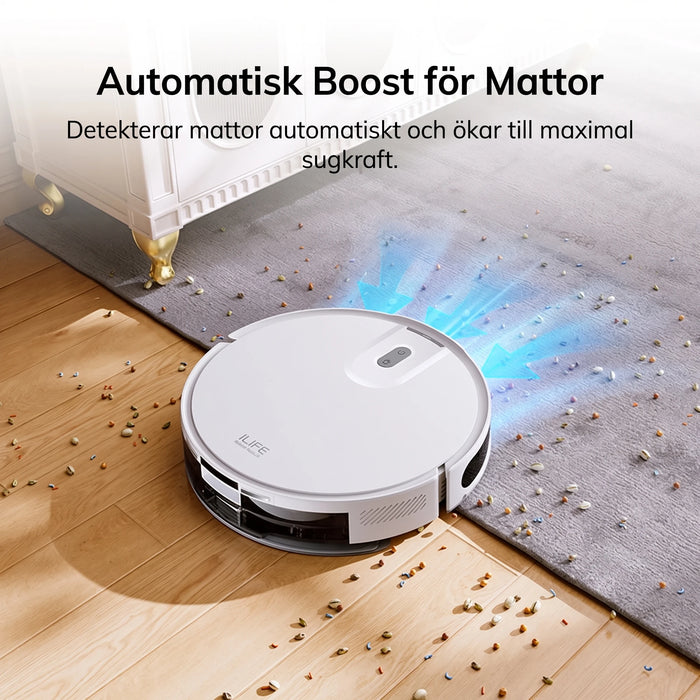 Robotdammsugare som ökar sugkraften automatiskt på matta