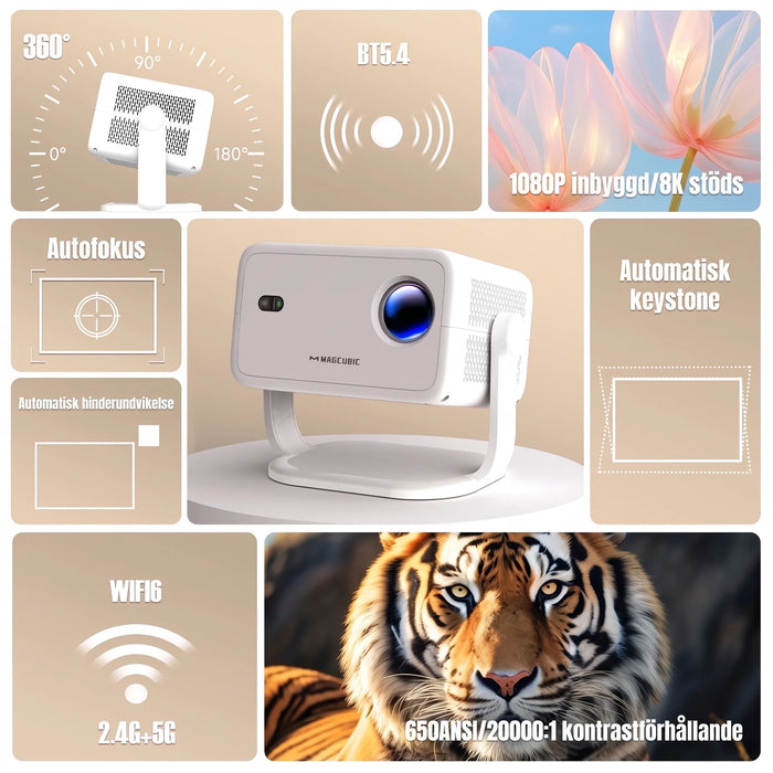 Projektorns funktioner: autofokus, keystone, WiFi 6 och Bluetooth 5.4