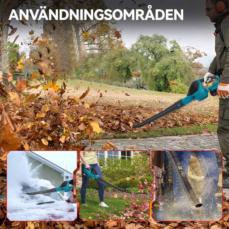 Lövblåsare i användning i trädgården bland höstlöv