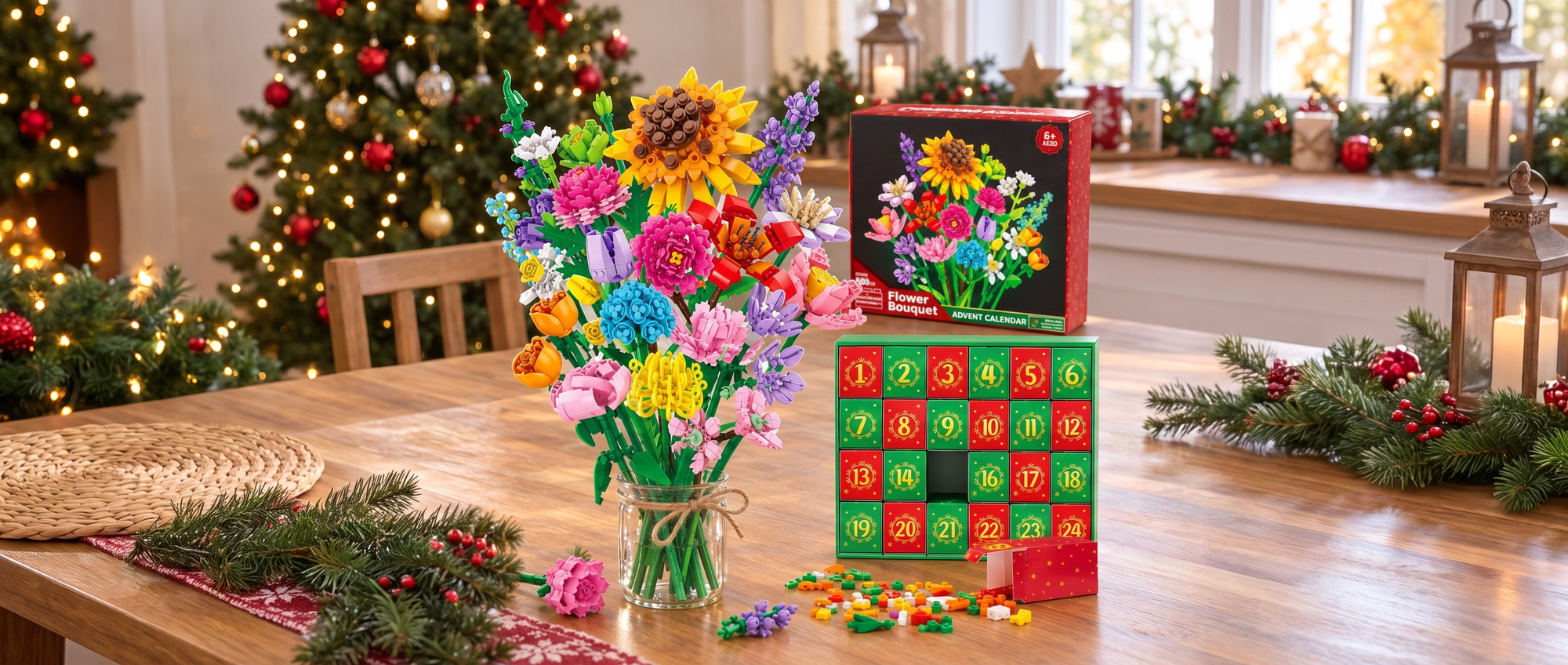 Adventskalender 2026 byggklossbukett – banner