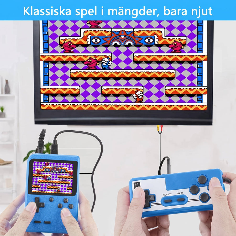 Röd spelkonsol, detaljbild av knappar och skärm