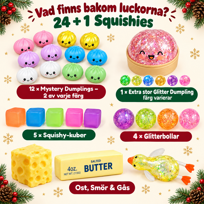 Innehåll i squishy-adventskalendern: 12 Mystery Dumplings, 5 kuber, 4 glitterbollar, ost, smör och gås