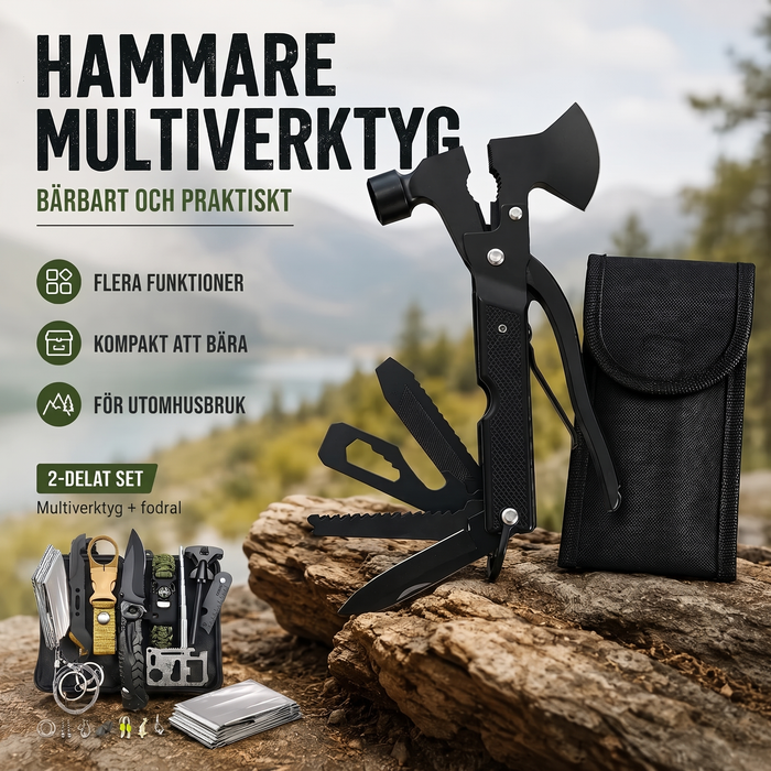Multiverktyg med hammare och yxa i naturen