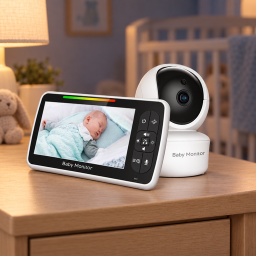 Babymonitor med 5-tumsskärm och kamera på ett nattduksbord i barnrum