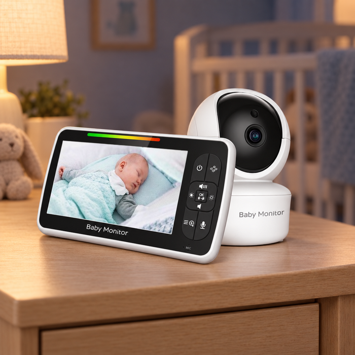 Babymonitor med 5-tumsskärm och kamera på ett nattduksbord i barnrum