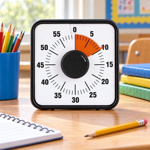 Visuell timer 19 cm på en skolbänk med pennor och block