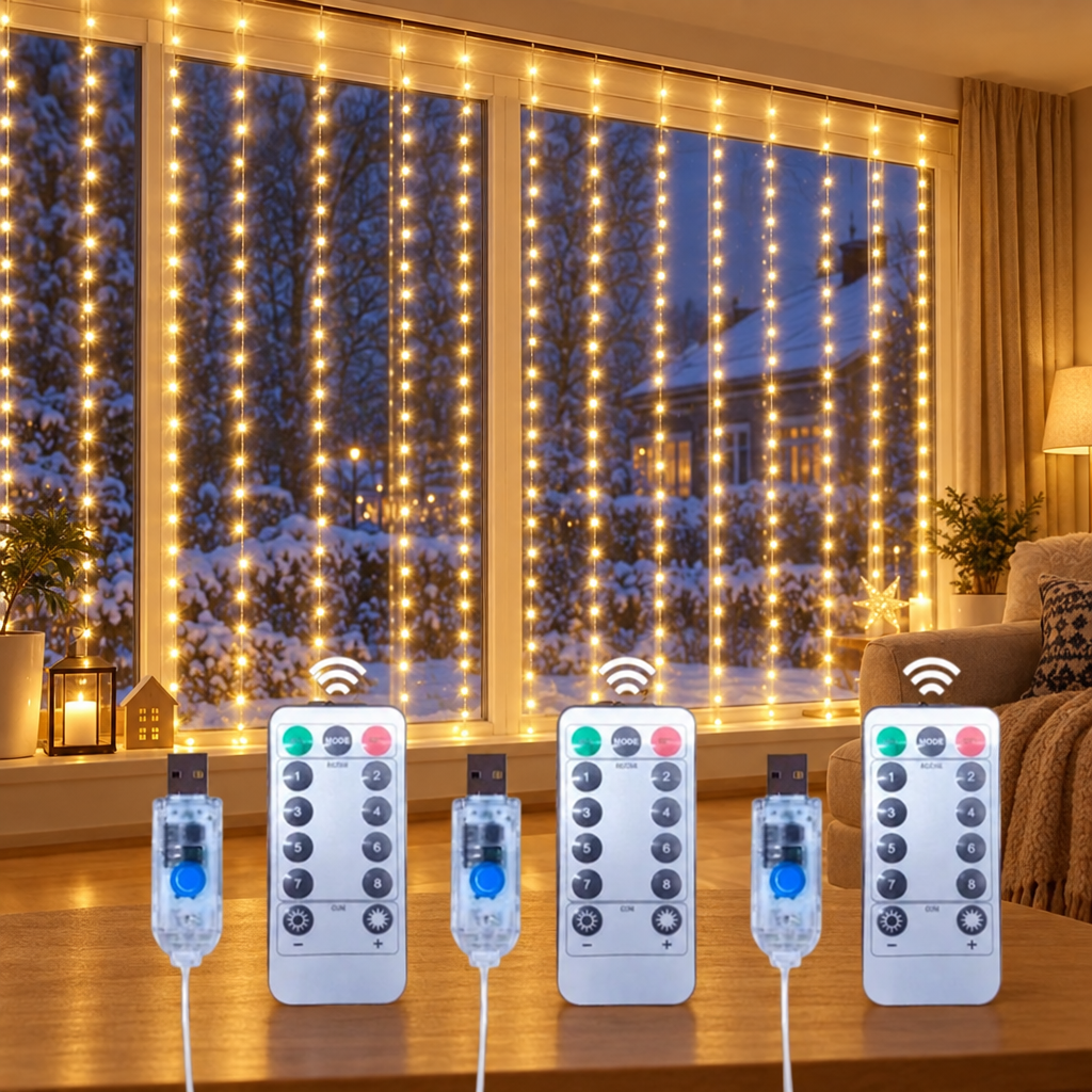 3-pack LED-gardinljus i ett fönster med fjärrkontroller