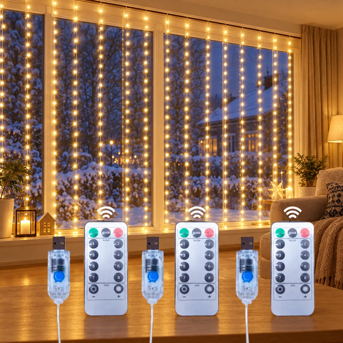 3-pack LED-gardinljus i ett fönster med fjärrkontroller