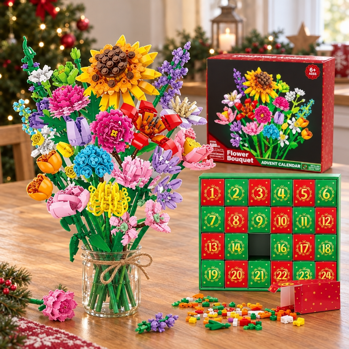 Adventskalender 2026 byggklossbukett på ett köksbord med färdigbyggda blommor