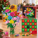 Adventskalender 2026 byggklossbukett på ett köksbord med färdigbyggda blommor